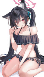 Rule 34 | 1girl, animal ears, bare shoulders, black hair, blue archive, cat ears, looking at viewer, serika (blue archive), simple background, solo, sora01o, swimsuit, twintails