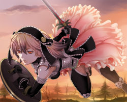 Rule 34 | 1girl, armor, fantasy earth zero, miogrobin, outdoors, red eyes, shield, sky, solo, sword, thighhighs, tree, weapon