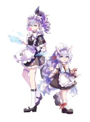 2girls :d absurdres alternate_costume apron bailu_(honkai:_star_rail) bare_shoulders black_dress blowing_bubbles bow bowtie braid child dragon_girl dress drill_hair drill_ponytail eastern_dragon_horns eastern_dragon_tail enmaided full_body gourd grey_eyes grey_hair hair_between_eyes highres holding holding_gourd honkai:_star_rail honkai_(series) kneehighs long_hair maid maid_apron maid_headdress multiple_girls nanguagua438 off-shoulder_dress off_shoulder open_mouth purple_hair silver_wolf_(honkai:_star_rail) single_braid smile socks white_apron white_background white_bow white_bowtie white_socks