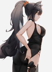 Rule 34 | 1girl, alternate costume, animal ears, arknights, ass, backless dress, backless outfit, bare arms, bare shoulders, black dress, breasts, cat ears, chinese commentary, commentary request, cowboy shot, dress, eyyy, from side, grey background, grey hair, has bad revision, has downscaled revision, highres, hip vent, holster, large breasts, long hair, looking at viewer, md5 mismatch, ponytail, profile, resolution mismatch, schwarz (arknights), side slit, simple background, sleeveless, sleeveless dress, solo, source smaller, standing, thigh holster, very long hair, yellow eyes