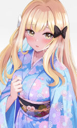 Rule 34 | 1girl, black bow, blonde hair, blue kimono, blush, bow, breasts, commentary, floral print, hair bow, highres, japanese clothes, kimono, konka, large breasts, long hair, long sleeves, looking at viewer, obi, open mouth, princess connect!, saren (princess connect!), saren (real) (princess connect!), sash, sidelocks, solo, symbol-only commentary, wide sleeves, yellow eyes