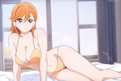 Rule 34 | 1girl, absurdres, alter real zero, alternate breast size, bare arms, bare legs, bed sheet, blurry, blurry background, bra, breasts, cleavage, closed mouth, collarbone, curtains, embarrassed, hair between eyes, hair over shoulder, half-closed eyes, highres, large breasts, looking at viewer, love live!, love live! superstar!!, lying, medium hair, midriff, navel, on bed, on side, orange bra, orange hair, purple eyes, shibuya kanon, signature, solo, tree, underwear, window