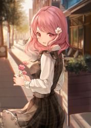 Rule 34 | 1girl, absurdres, bang dream!, blurry, commentary request, depth of field, dress, flower, from behind, hair flower, hair ornament, highres, holding, holding flower, looking at viewer, looking back, maruyama aya, medium hair, nogi momoko, open mouth, outdoors, pink eyes, plaid, plaid dress, plant, solo, sunlight, tree