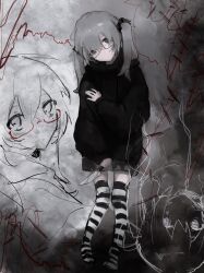 Rule 34 | 1girl, chan8016, closed mouth, empty eyes, expressionless, glasses, grey background, greyscale, highres, holding, holding knife, hood, hoodie, knife, long hair, long sleeves, looking at viewer, monochrome, original, simple background, skirt, solo, spot color, twintails