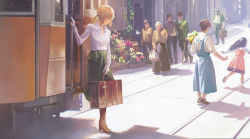 Rule 34 | 4boys, 4girls, absurdres, blonde hair, boots, braid, bug, butterfly, child, collared shirt, commentary, crutch, day, dress, english commentary, flower, green skirt, hat, high heel boots, high heels, highres, holding, holding suitcase, insect, leesuyeon, long skirt, mechanical arms, multiple boys, multiple girls, old, old man, old woman, outdoors, running, shirt, single mechanical arm, skirt, streetcar, suitcase, violet evergarden, violet evergarden (series), white butterfly, white shirt