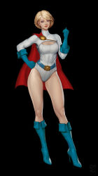 Rule 34 | 1girl, absurdres, artist request, belt, black background, blonde hair, blue eyes, blue footwear, blue gloves, boots, breasts, cape, cleavage, cleavage cutout, clenched hand, closed mouth, clothing cutout, dc comics, elbow gloves, full body, gloves, hand on own hip, high heel boots, high heels, highres, knee boots, leotard, lips, long sleeves, looking at viewer, medium breasts, power girl, red cape, shiny clothes, short hair, signature, simple background, smile, solo, superman (series), turtleneck, white leotard