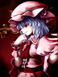 Rule 34 | 1girl, bat wings, blue hair, brooch, dress, evil smile, fang, female focus, from side, hand on own chin, hat, hat ribbon, highres, jewelry, pink dress, red eyes, remilia scarlet, ribbon, short hair, smile, solo, standing, touhou, tsubasa (abchipika), wings, wrist cuffs
