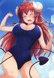 Rule 34 | 1girl, absurdres, blue one-piece swimsuit, blush, breasts, brown hair, closed eyes, covered navel, demon girl, demon horns, demon tail, highres, horns, izumi mahiru, large breasts, long hair, looking at viewer, machikado mazoku, one-piece swimsuit, solo, swimsuit, tail, yoshida yuuko (machikado mazoku)