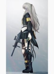 Rule 34 | 1girl, armband, black footwear, black jacket, black nails, black skirt, boots, brown pantyhose, closed eyes, closed mouth, commentary, from side, full body, girls&#039; frontline, grey hair, guchagucha, gun, h&amp;k ump, highres, holding, holding gun, holding weapon, jacket, long hair, long sleeves, nail polish, name connection, object namesake, one side up, open clothes, open jacket, pantyhose, pleated skirt, profile, puffy long sleeves, puffy sleeves, scar, scar across eye, shirt, single leg pantyhose, skirt, solo, standing, submachine gun, suppressor, torn clothes, torn pantyhose, ump45 (girls&#039; frontline), ump45 (mod3) (girls&#039; frontline), very long hair, weapon, white shirt, window magazine