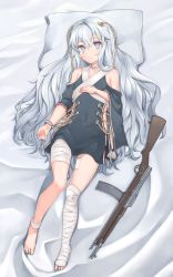 Rule 34 | 1girl, alternate costume, assault rifle, automatic rifle, bandaged leg, bandaged neck, bandages, barefoot, blue eyes, girls&#039; frontline, gun, hair ornament, hand on own chest, highres, long hair, looking at viewer, lying, no shoes, on back, on bed, pillow, ribeyrolles (girls&#039; frontline), ribeyrolles 1918, rifle, silver hair, solo, watch, weapon, yu 416416