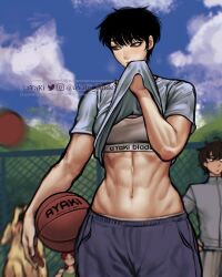 Rule 34 | 1boy, 2girls, abs, artist name, ayaki blade, ball, basketball (object), black hair, blue sky, breasts, brown eyes, cloud, commentary, dog, english commentary, fence, green eyes, green tank top, grey jacket, grey sports bra, highres, holding, holding ball, jacket, medium breasts, mixed-language commentary, motion blur, multiple girls, navel, original, red-haired girl (ayaki), red hair, shirt, short hair, sky, sports bra, t-shirt, tank top, tomoka (ayaki), toned, track jacket, twitter username, watermark, wiping sweat
