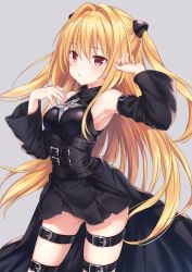 Rule 34 | 1girl, absurdres, arm up, armpits, bare shoulders, belt buckle, black shirt, black skirt, blonde hair, blouse, blush, breasts, buckle, cowboy shot, detached sleeves, floating hair, grey background, hair intakes, hair ornament, hand up, highres, jimmy madomagi, konjiki no yami, leg belt, long hair, long sleeves, looking at viewer, medium breasts, miniskirt, parted lips, pleated skirt, red eyes, shirt, simple background, skindentation, skirt, solo, standing, thigh strap, thighs, to love-ru, two side up, very long hair, waist cape