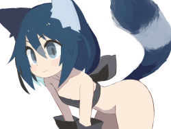 Rule 34 | 1girl, all fours, animal ear fluff, animal ears, bandeau, bare shoulders, black bandeau, black gloves, blue hair, blush stickers, bottomless, breasts, cleavage, closed mouth, collarbone, commentary request, gloves, grey eyes, long hair, original, pappii (paprika shikiso), paprika shikiso, simple background, small breasts, smile, solo, tail, tail raised, white background