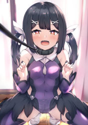 Rule 34 | 1girl, :d, animal collar, bare shoulders, black hair, blunt bangs, blurry, blush, breasts, cameltoe, cape, chestnut mouth, collar, commission, curtains, depth of field, detached sleeves, fate/kaleid liner prisma illya, fate (series), hair ornament, hairclip, heart, heart-shaped pupils, highres, hypnosis, indoors, jon (pixiv31559095), leash, leotard, long hair, looking at viewer, magical girl, mind control, miyu edelfelt, open mouth, purple leotard, purple sleeves, purple thighhighs, pussy juice, pussy juice puddle, shoes, sidelocks, skeb commission, skindentation, small breasts, smile, solo, squatting, sweat, symbol-shaped pupils, thighhighs, thighs, tiptoes, twintails, viewer holding leash, white cape, white footwear, wooden floor, x hair ornament, yellow eyes