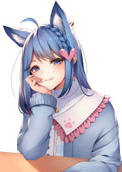 Rule 34 | 1girl, ahoge, animal ear fluff, animal ears, animare, bell, blue eyes, blue hair, blue jacket, blush, braid, closed mouth, commentary request, dog ears, frilled shirt collar, frills, hair ornament, head tilt, heart, heart hair ornament, highres, jacket, jingle bell, long hair, long sleeves, looking at viewer, nanashi inc., open clothes, open jacket, shirt, simple background, smile, solo, souya ichika, souya ichika (3rd costume), striped clothes, striped shirt, table, upper body, virtual youtuber, white background, ym (distance819)