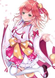 Rule 34 | 1girl, :q, bell, cherry blossom print, detached sleeves, floral print, green eyes, hair bell, hair ornament, hairclip, highres, hololive, paw print, paw print pattern, petals, pink hair, sakura miko, sakura miko (1st costume), sandals, shiimo (ia0vx), single thighhigh, solo, thighhighs, tongue, tongue out, virtual youtuber, white background, white thighhighs, x hair ornament