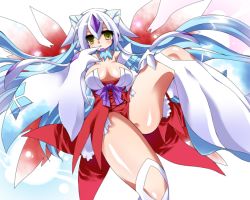 Rule 34 | 1girl, blue hair, breasts, cleavage, creatures (company), dress, female focus, froslass, game freak, gen 4 pokemon, large breasts, leg lift, long hair, momosiro, nintendo, personification, pokemon, solo, thighs, yellow eyes