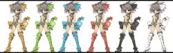 Rule 34 | 6+girls, altcolor, alternate color, android, animal ears, animal hands, animal print, bare shoulders, blade (galaxist), breasts, cat ears, cat tail, center opening, gloves, grey hair, halterneck, leotard, lineup, looking to the side, medium breasts, multiple girls, paw gloves, robot, short hair, simple background, standing, tail, thighhighs, tiger print, turtleneck, underboob, variations, white background, yellow eyes