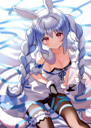 Rule 34 | 1girl, absurdres, animal ear fluff, animal ears, bed sheet, black gloves, black leotard, blue hair, blue ribbon, blurry, blurry background, braid, breasts, brown pantyhose, cleavage, closed mouth, collarbone, commentary request, depth of field, don-chan (usada pekora), dress, fur-trimmed dress, fur-trimmed gloves, fur trim, gloves, hair between eyes, hair intakes, highres, hololive, leotard, long hair, looking at viewer, multicolored hair, pantyhose, rabbit ears, red eyes, ribbon, segawa luna, short eyebrows, sitting, small breasts, smile, strapless, strapless dress, strapless leotard, thick eyebrows, twin braids, twintails, two-tone hair, usada pekora, usada pekora (1st costume), very long hair, virtual youtuber, white dress, white hair
