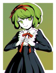 Rule 34 | 1girl, ben-day dots, black background, black dress, bow, child, collared dress, comic book, danganronpa (series), danganronpa another episode: ultra despair girls, dress, fingers together, frilled dress, frills, green background, green eyes, green hair, hairband, headband, headwear request, highres, long eyelashes, long sleeves, looking to the side, looking up, medium hair, multicolored background, pale skin, pleated dress, red bow, red hairband, red headband, red headwear, screentones, smile, swastika, towa monaca, upper body, white background