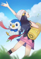 Rule 34 | 1girl, :d, absurdres, arm up, bag, beanie, black hair, black shirt, black socks, blue eyes, boots, cloud, commentary request, creatures (company), dawn (pokemon), day, duffel bag, eyelashes, falling leaves, game freak, gen 4 pokemon, hair ornament, hairclip, hat, highres, hori030, kneehighs, leaf, long hair, nintendo, open mouth, outdoors, piplup, pokemon, pokemon (creature), pokemon dppt, red scarf, scarf, shirt, skirt, sky, sleeveless, sleeveless shirt, smile, socks, white headwear, yellow bag