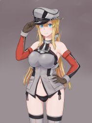 Rule 34 | 10s, 1girl, adjusting clothes, adjusting headwear, anchor hair ornament, armor, armpits, bad id, bad pixiv id, bare shoulders, bismarck (kancolle), black gloves, black panties, blonde hair, blue eyes, blush, breastplate, breasts, closed mouth, cold (hoshinoskull), cowboy shot, detached sleeves, gloves, grey background, grey thighhighs, hair ornament, hand on own hip, hat, kantai collection, large breasts, long hair, looking at viewer, military, military hat, military uniform, navel, no pants, panties, peaked cap, side-tie panties, sidelocks, smile, solo, swastika, thighhighs, underwear, uniform