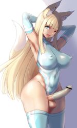 Rule 34 | 1futa, ;d, animal ears, arms behind head, arms up, bar censor, blonde hair, blue eyes, blunt bangs, breasts, censored, condom, condom on penis, covered erect nipples, erection, fox ears, fox girl, fox tail, futanari, highres, impossible clothes, large breasts, one eye closed, open mouth, original, penis, sidelocks, smile, solo, tail, testicles, thick eyebrows, thighhighs, ubanis