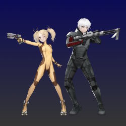 Rule 34 | 1boy, 1girl, armor, blonde hair, boots, breasts, captain shepherd (cosplay), cosplay, covered navel, fire emblem, fire emblem awakening, full body, full body suit, gun, highres, lissa (fire emblem), long hair, mass effect (series), nintendo, plasma gun, rifle, robin (fire emblem), robin (male) (fire emblem), short hair, small breasts, twintails, weapon, white hair, zero suit