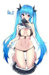 Rule 34 | 1girl, bare legs, barefoot, bikini, black bikini, black ribbon, black sailor collar, black skirt, blue hair, blush, breasts, cellphone, character request, chukibabo2, closed mouth, commentary request, commission, dungeon and fighter, front-tie bikini top, front-tie top, full body, hair ribbon, highres, holding, holding phone, kneeling, korean commentary, long hair, looking at viewer, medium breasts, miniskirt, navel, phone, pleated skirt, red eyes, ribbon, sailor collar, shirt, side-tie bikini bottom, simple background, skirt, unworn skirt, sleeveless, sleeveless shirt, smartphone, smile, solo, stomach, swimsuit, twintails, very long hair, white background, white shirt