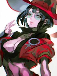 Rule 34 | absurdres, arc system works, black hair, breasts, choker, cleavage, fingerless gloves, glasses, gloves, guilty gear, guilty gear strive, hat, highres, i-no, looking at viewer, midriff, mole, mole above mouth, witch hat