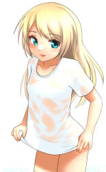 Rule 34 | 1girl, blonde hair, blue eyes, cowboy shot, jervis (kancolle), kantai collection, long hair, looking at viewer, naked shirt, ray.s, see-through, see-through shirt, shirt, shirt hold, simple background, solo, standing, wet, wet clothes, wet shirt, white background, white shirt