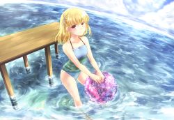 Rule 34 | 1girl, ball, bare legs, beachball, blonde hair, blunt bangs, blush, breasts, brown eyes, cloud, collarbone, day, eyebrows, from above, hair ornament, hairclip, kousetsu, legs apart, long hair, looking at viewer, one-piece swimsuit, outdoors, rosetta, rune factory, rune factory 1, rune factory frontier, sky, small breasts, smile, solo, summer, swimsuit, transparent, triangle, v arms, wading, water
