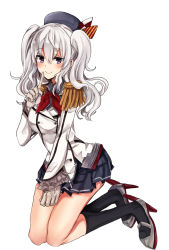 Rule 34 | 10s, 1girl, black socks, breasts, buttons, epaulettes, female focus, finger in own mouth, frilled skirt, frills, full body, gloves, grey eyes, grey hair, hat, highres, jacket, kantai collection, kashima (kancolle), kneehighs, large breasts, looking at viewer, military, military uniform, miniskirt, retsuto (250letttt), retto (250letttt), sidelocks, simple background, skirt, smile, socks, solo, twintails, uniform, wavy hair, white background, white gloves