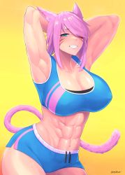 Rule 34 | 1girl, 2022, abs, absurdres, animal ears, armpits, arms behind head, biceps, breasts, buttslayer, cat ears, cat tail, cleavage, collarbone, cowboy shot, dolphin shorts, final fantasy, final fantasy xiv, flexing, gradient background, grin, groin, hair over one eye, half-closed eyes, highres, hip bones, large breasts, medium hair, miqo&#039;te, muscular, muscular female, obliques, original, pink hair, shorts, sidelocks, slit pupils, smile, solo, spiked hair, sports bra, standing, sweat, swept bangs, tail, warrior of light (ff14), yellow background