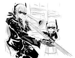 Rule 34 | 2girls, :3, black jacket, blush, blush stickers, chair, chibi, chika (keiin), commentary request, deal with it (meme), girls&#039; frontline, greyscale, hair between eyes, headgear, holding, holding instrument, indoors, instrument, jacket, kitchen, long hair, long sleeves, m4 sopmod ii (girls&#039; frontline), m4 sopmod ii jr, meme, monochrome, multiple girls, on chair, parody, simple background, sitting, standing, standing on chair, sunglasses, when mama isn&#039;t home (meme)