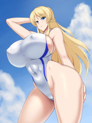 Rule 34 | 1girl, arm behind back, arms behind head, blonde hair, blue eyes, breasts, competition swimsuit, covered erect nipples, from below, huge breasts, kawanuma uotsuri, long hair, one-piece swimsuit, original, sideboob, sky, solo, standing, swimsuit, tight clothes