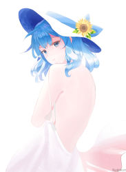 Rule 34 | 1girl, absurdres, artist name, back, backless dress, backless outfit, bloom, blue eyes, blue hair, deozt, dress, eyelashes, flower, hair down, hat, hat flower, highres, hololive, hoshimachi suisei, light smile, long hair, looking at viewer, looking back, simple background, solo, strap slip, sun hat, sundress, sunflower, upper body, virtual youtuber, wavy hair, white background, white dress
