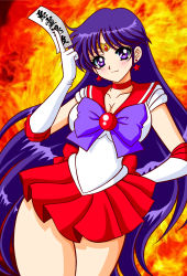 Rule 34 | 1girl, bare legs, bishoujo senshi sailor moon, breasts, cleavage, closed mouth, collarbone, commentary, cowboy shot, earrings, elbow gloves, fire, forehead, frilled skirt, frills, gloves, hair ornament, hand up, highleg, highleg leotard, highres, hino rei, holding charm, jewelry, large breasts, leotard, long hair, looking at viewer, parted bangs, purple eyes, purple hair, red skirt, sailor mars, short sleeves, skirt, solo, split mouth, talisman, tatsumi kyouhei, tiara, very long hair, white gloves, white leotard