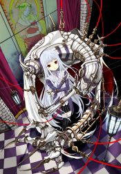 Rule 34 | 1girl, absurdres, bad id, bad pixiv id, checkered floor, claws, doll, floor, highres, kooten bergh no youhei, lamp, long hair, pixiv fantasia, pixiv fantasia 5, red eyes, solo, stained glass, string, thighhighs, very long hair, white hair, zettai ryouiki