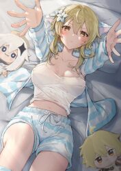 Rule 34 | 1girl, aether (genshin impact), blonde hair, blush, breasts, camisole, character doll, chumugi, cleavage, commentary request, flower, genshin impact, highres, jacket, long hair, long sleeves, looking at viewer, lumine (genshin impact), lying, medium breasts, midriff, navel, on back, open clothes, open jacket, paimon (genshin impact), pillow, shorts, solo, stomach, striped clothes, striped jacket, striped shorts, thighs, white flower, yellow eyes