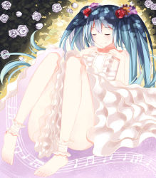 Rule 34 | 1girl, absurdres, anklet, bad id, bad pixiv id, bare legs, bare shoulders, barefoot, blue hair, dress, closed eyes, flower, flower on head, hair ornament, hands on own chest, hatsune miku, highres, jewelry, levi9452, rose, sitting, smile, solo, twintails, vocaloid, white dress