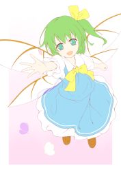 Rule 34 | 1girl, :d, bluekalmia, blush, bug, butterfly, daiyousei, dress, fairy wings, green eyes, green hair, highres, insect, loafers, looking at viewer, matching hair/eyes, open mouth, petals, pink background, reaching, reaching towards viewer, shoes, side ponytail, smile, solo, touhou, wings