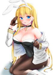 Rule 34 | 1girl, akira (sayo dayoo), alternate costume, animal ears, azur lane, bare shoulders, black gloves, blonde hair, blue eyes, blush, boots, breasts, choker, cleavage, covered navel, cross, cross choker, fake animal ears, gloves, hair between eyes, hairband, half gloves, highres, jacket, large breasts, leotard, long hair, looking at viewer, military, military jacket, military uniform, naval uniform, north carolina (azur lane), one eye closed, pantyhose, playboy bunny, rabbit ears, shadow, smile, solo, tongue, tongue out, uniform