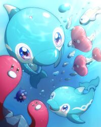 Rule 34 | air bubble, animal focus, blue eyes, blurry, bubble, commentary, creatures (company), finizen, game freak, gen 1 pokemon, gen 3 pokemon, gen 5 pokemon, highres, looking up, luvdisc, monaka (hc pkmn), nintendo, no humans, open mouth, pokemon, pokemon (creature), shellder, symbol-only commentary, tynamo, underwater, wugtrio