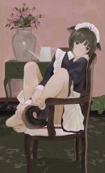Rule 34 | 1girl, apron, barefoot, black dress, blunt bangs, brown eyes, brown hair, chair, closed mouth, collared dress, commentary request, dog girl, dog tail, dress, hands on own legs, highres, indoors, juliet sleeves, knees apart feet together, knees up, legs, long sleeves, looking at viewer, maid, maid apron, maid headdress, maoyasumisumi, medium hair, original, plant, potted plant, puffy sleeves, shadow, sidelocks, sitting, solo, tail, toes