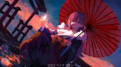 Rule 34 | 1girl, 2023, absurdres, black kimono, blue eyes, bow, braid, breasts, collarbone, commentary request, evening, firecrackers, fur-trimmed kimono, fur trim, highres, holding, holding umbrella, japanese clothes, kimono, large bow, large breasts, long hair, looking at viewer, naokomama, nijisanji, nijisanji en, oil-paper umbrella, outdoors, parted lips, petra gurin, red bow, single braid, sky, solo, teeth, torii, translation request, umbrella, virtual youtuber