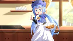Rule 34 | 1girl, amami ami, blue eyes, blue hair, blush, bow, commission, dress, flower, food, hair flower, hair ornament, hat, highres, indie virtual youtuber, kitchen, long hair, looking at viewer, open mouth, prism project, rainbow, ribbon, shirt, skirt, solo, sunlight, thumbs up, tree, virtual youtuber, window