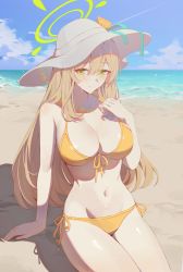 Rule 34 | 1girl, absurdres, arm support, bare arms, beach, bikini, blonde hair, blue archive, blue sky, blush, breasts, cloud, cloudy sky, cowboy shot, day, flower, front-tie top, green eyes, groin, halo, halterneck, hat, hat flower, highres, large breasts, long hair, looking at viewer, navel, nonomi (blue archive), nonomi (swimsuit) (blue archive), outdoors, sand, seizou hidzuke, shadow, side-tie bikini bottom, sitting, sky, smile, solo, stomach, string bikini, summer, sun hat, sunlight, sweat, swimsuit, thighs, yellow bikini