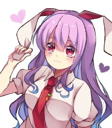 Rule 34 | 1girl, :3, animal ears, blouse, breasts, carrot pin, collared shirt, heart, highres, light purple hair, long hair, medium breasts, meimei (meimei89008309), necktie, puffy short sleeves, puffy sleeves, purple hair, rabbit ears, red eyes, red necktie, reisen udongein inaba, shirt, short sleeves, simple background, solo, touhou, white background, white shirt