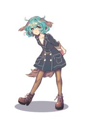 Rule 34 | 1girl, animal ears, arms behind back, bad id, bad pixiv id, blush, brown legwear, casual, cheong ha, coat, collarbone, dog ears, dog tail, floppy ears, full body, green eyes, green hair, kasodani kyouko, matching hair/eyes, short hair, simple background, solo, tail, touhou, trench coat, white background